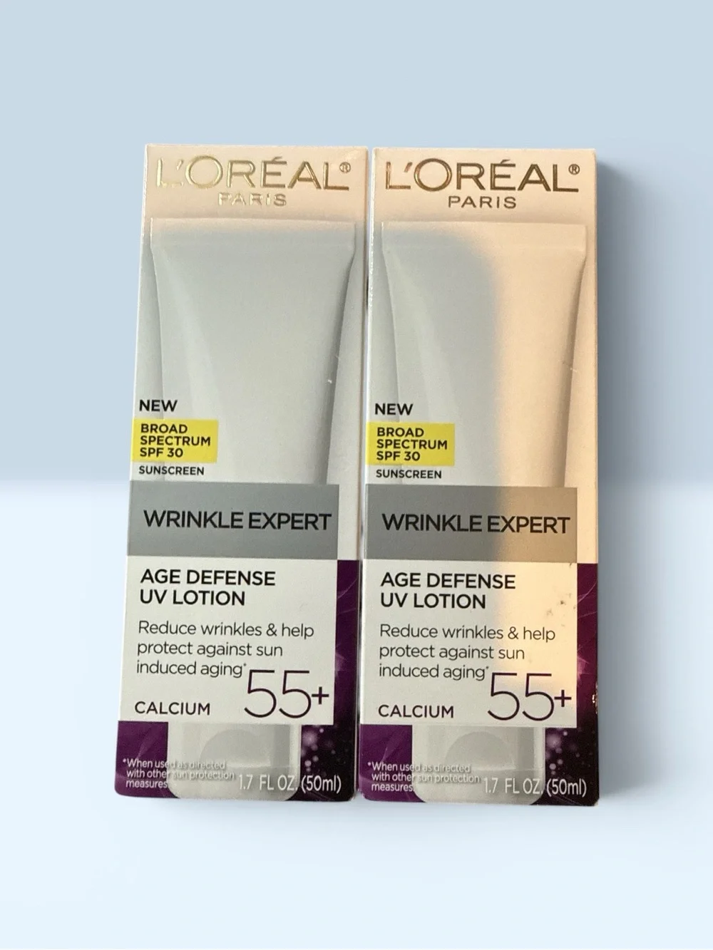 L'Oreal Wrinkle Expert Age Defense UV Lotion - White, Cream, Purple
